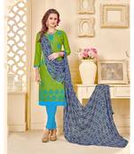 Green printed Cotton Blend unstitched salwar with dupatta