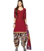 Maroon printed Cotton unstitched salwar with dupatta