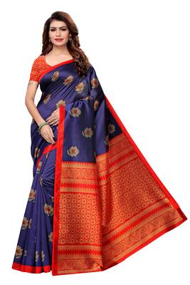Navy blue printed art silk saree with blouse 1