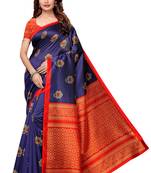 Navy blue printed art silk saree with blouse