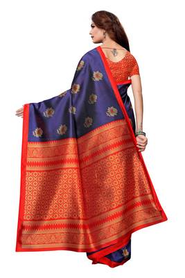 Navy blue printed art silk saree with blouse 2