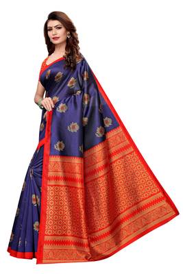 Navy blue printed art silk saree with blouse 4