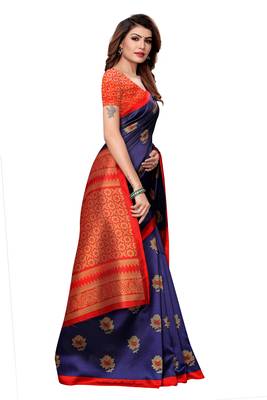Navy blue printed art silk saree with blouse 5
