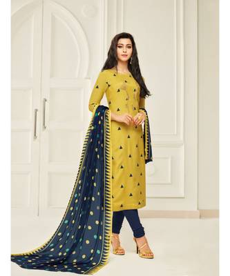 Yellow printed cotton semi_stitched salwar with dupatta 1