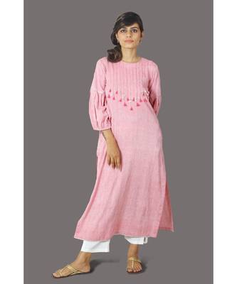 Pink Front Tassele Khadi Cotton Kurta 1