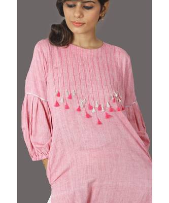 Pink Front Tassele Khadi Cotton Kurta 3