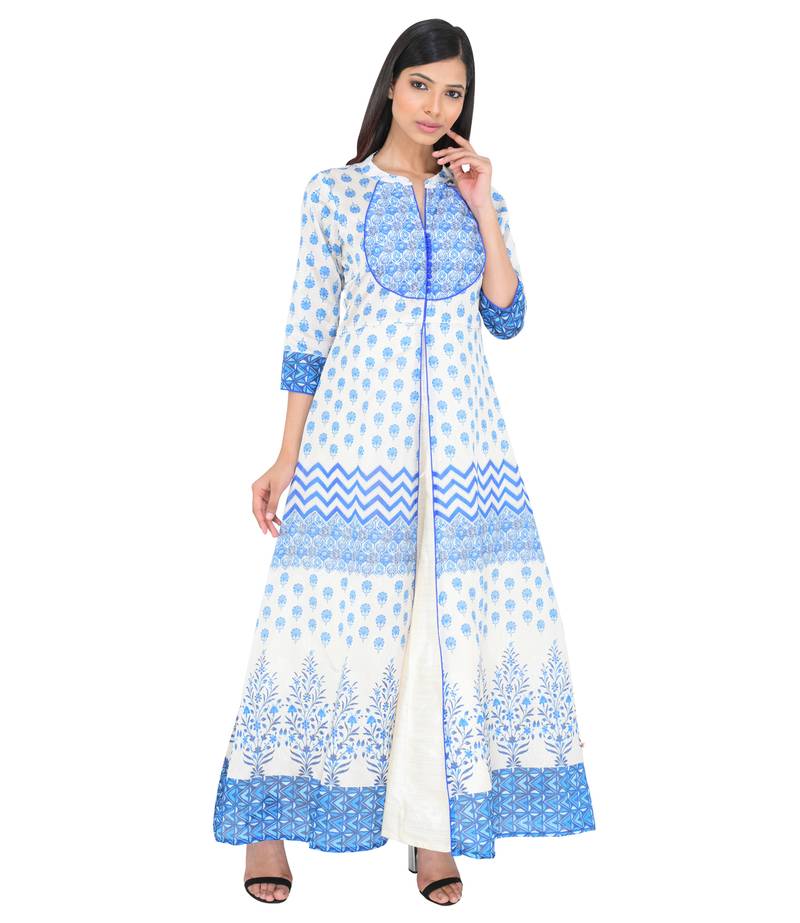 Blue printed art silk ethnic kurtis