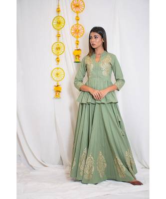 green embroidered cotton stitched kurta sets 1