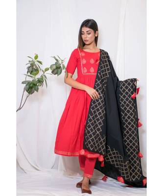 red embroidered cotton stitched kurta sets 1