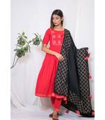 red embroidered cotton stitched kurta sets