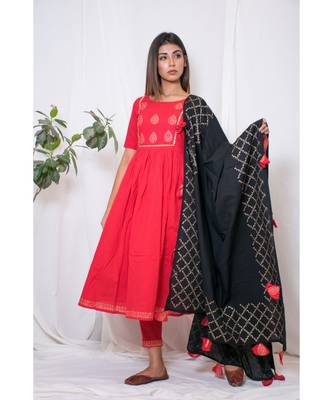 red embroidered cotton stitched kurta sets 4
