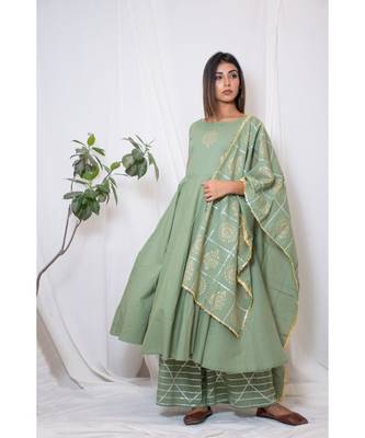 green embroidered cotton stitched kurta sets 1