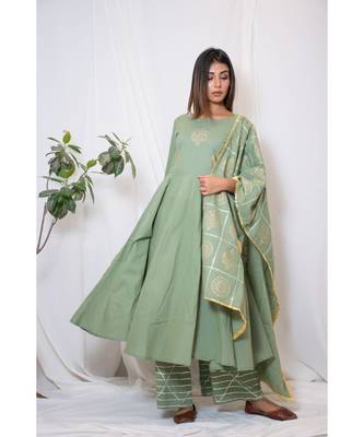 green embroidered cotton stitched kurta sets 3