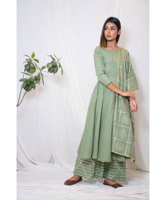 green embroidered cotton stitched kurta sets 5