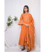 orange embroidered cotton stitched kurta sets