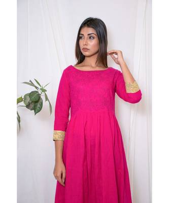 pink embroidered cotton stitched party wear kurtis 5