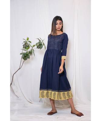 blue embroidered cotton stitched party wear kurtis 3