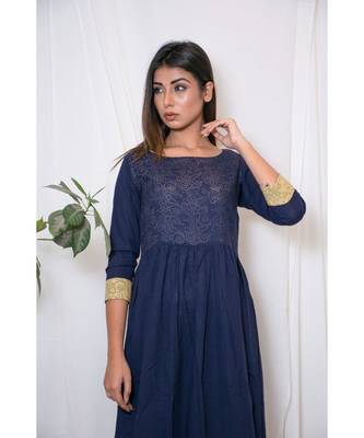 blue embroidered cotton stitched party wear kurtis 4