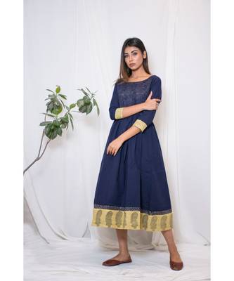 blue embroidered cotton stitched party wear kurtis 5