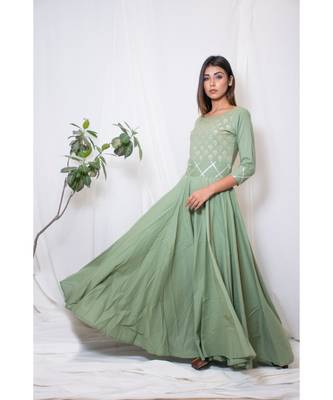 green embroidered cotton stitched party wear kurtis 3