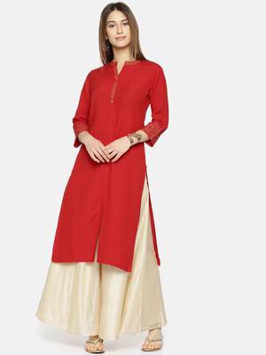 Women Red Yoke Design Straight Kurta 1
