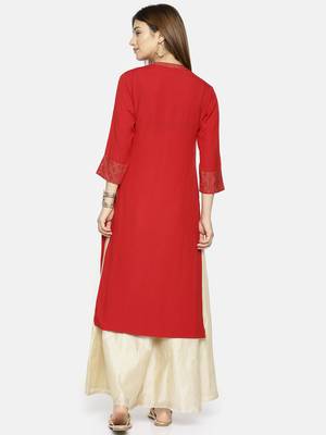 Women Red Yoke Design Straight Kurta 3