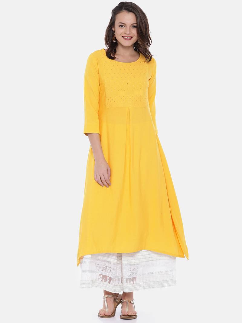 Women Mustard Solid A-Line Kurta