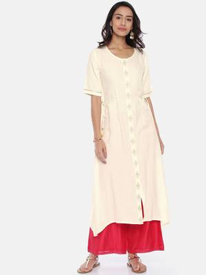 Women Cream-Coloured Solid A-Line Kurta 1