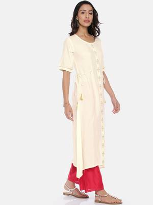 Women Cream-Coloured Solid A-Line Kurta 2