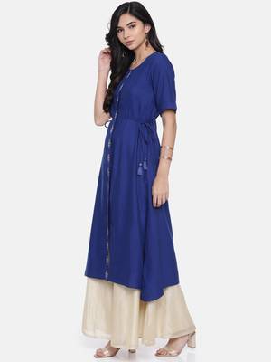 Women Blue Embroidered A-Line Kurta 2