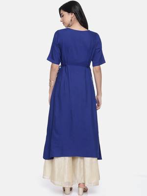 Women Blue Embroidered A-Line Kurta 3