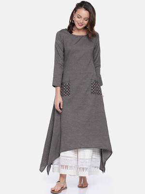 Women Charcoal Grey Woven Design A-Line Kurta 1