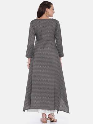 Women Charcoal Grey Woven Design A-Line Kurta 3