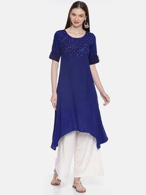 Women Blue Embroidered A-Line Asymmetric Kurta 1
