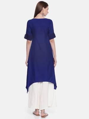 Women Blue Embroidered A-Line Asymmetric Kurta 3