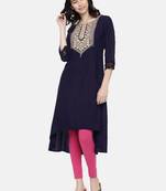 Women Navy Blue Yoke Design A-Line High-Low Hem Kurta