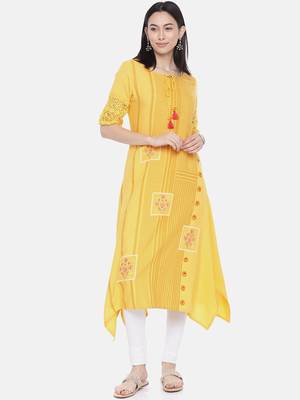 Women Yellow Printed A-Line Kurta 1
