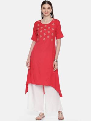 Women Red Embroidered A-Line Asymmetric Kurta 1