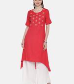 Women Red Embroidered A-Line Asymmetric Kurta