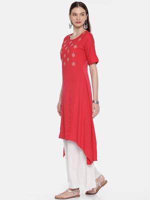 Women Red Embroidered A-Line Asymmetric Kurta 2