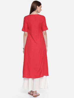 Women Red Embroidered A-Line Asymmetric Kurta 3
