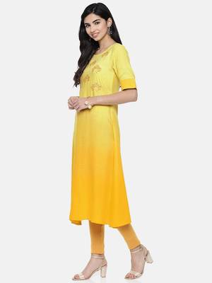 Women Yellow Embroidered A-Line Kurta 1