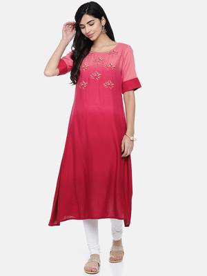 Women Peach-Coloured & Magenta Dyed A-Line Kurta 1