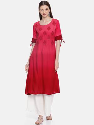 Women Peach-Coloured & Red Dyed Embroidered A-Line Kurta 1