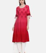 Women Peach-Coloured & Red Dyed Embroidered A-Line Kurta