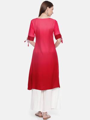 Women Peach-Coloured & Red Dyed Embroidered A-Line Kurta 3
