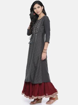 Women Charcoal Grey Printed Straight Kurta 2