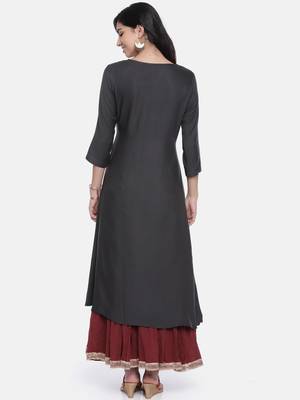 Women Charcoal Grey Printed Straight Kurta 3