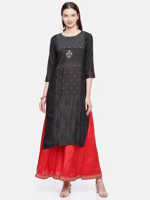 Women Charcoal Grey Printed Straight Kurta 1