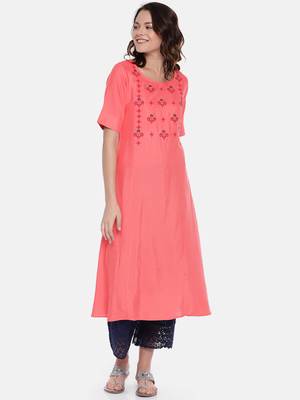 Women Coral Pink Embroidered A-Line Kurta 1